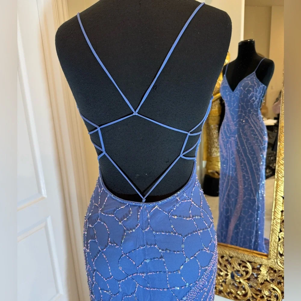 Periwinkle Blue hand Beaded‎ Evening Gown - Women's Formal Dress made on stretch